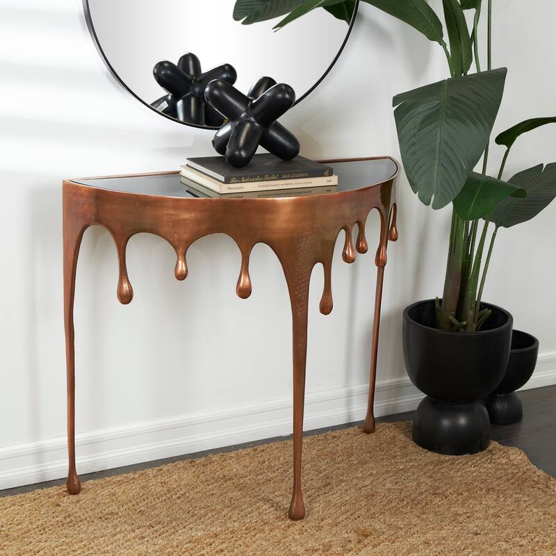 Aluminum Metal Abstract Drip Accent Table with Melting Design and Shaded Glass Top - Roche River Decor