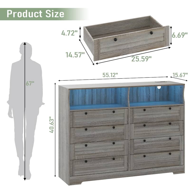 8 Drawer Dresser with RGB LED Lights, Power Outlet & 2 Open Shelves