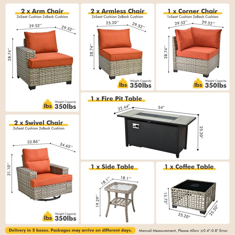 HOOOWOOO 10-piece Rattan Wicker Patio Outdoor Furniture Fire Pit Set with Swivel Rocking Chairs