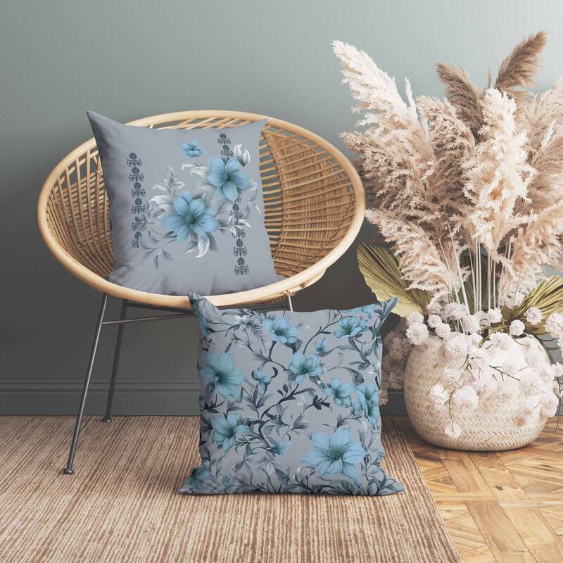 Petal Perfection Faux Suede Reversible Throw Pillow Blue and Grey