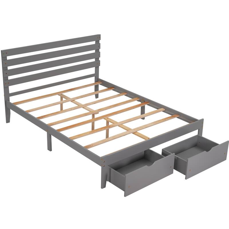 Simple&Modern Queen Platform Bed with Drawers, Solid Wood Bedframe w