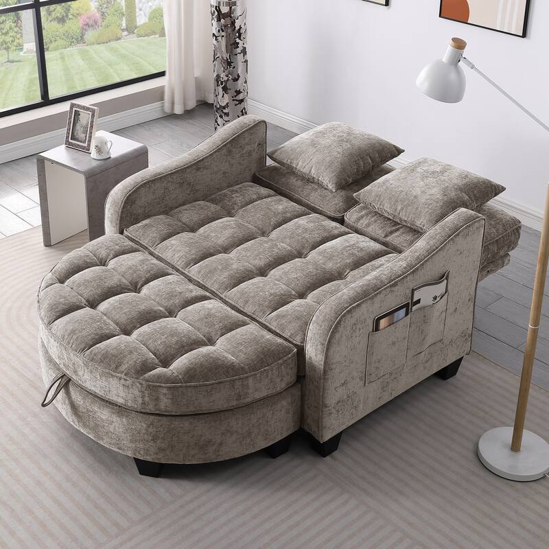 Two-Seater Chaise Lounge with Storage Footrest and Pillows, Irregular Armrest Design