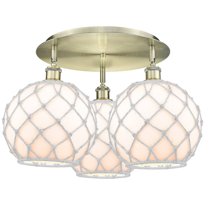 Innovations Lighting 516-3C-14-22 Farmhouse Rope Semi-Flush Farmhouse - Antique Brass / White Glass with White Rope