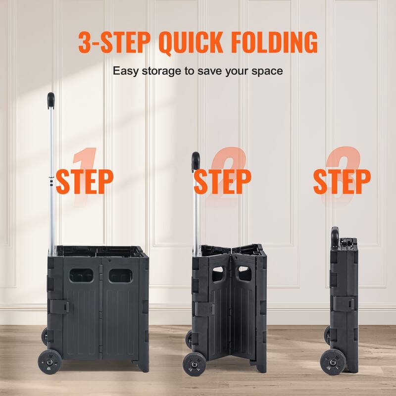Foldable Utility Cart, 80 lbs Load Capacity, Folding Portable Rolling Crate Handcart with Durable Heavy Duty Telescoping Handle