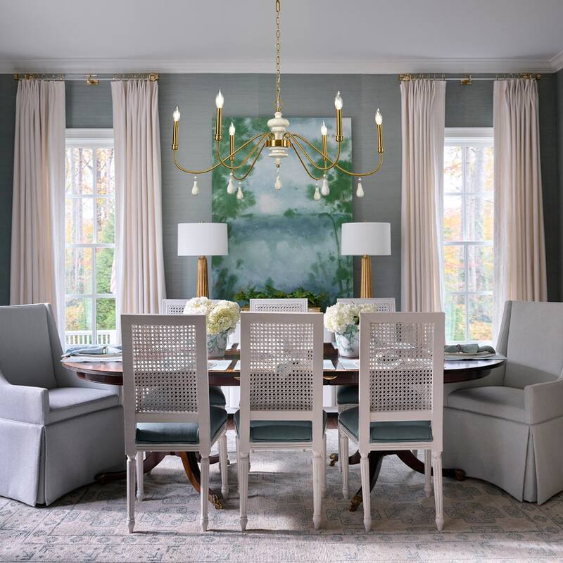 Mid-Century Aged Brass 6-Light Wide Candle Style Chandelier 38in