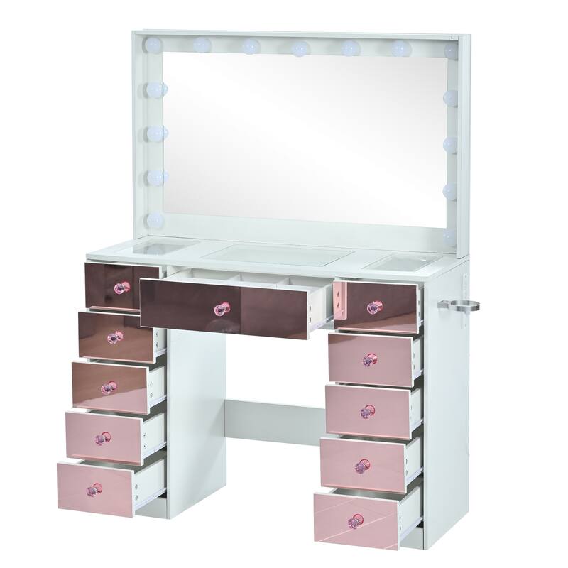 Pink Makeup Vanity Desk with Hollywood Mirror, Glass Top Dressing Table Set with Stool & Power Outlets