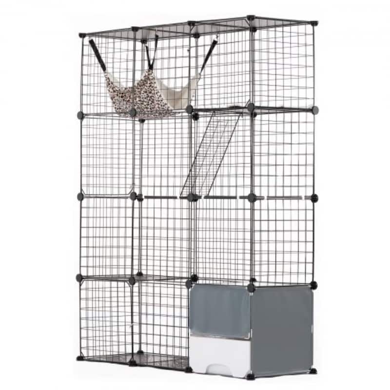 Black 2-Tier Cat Cage with 3 Doors Steel Wire Ramp, Spacious & Sturdy