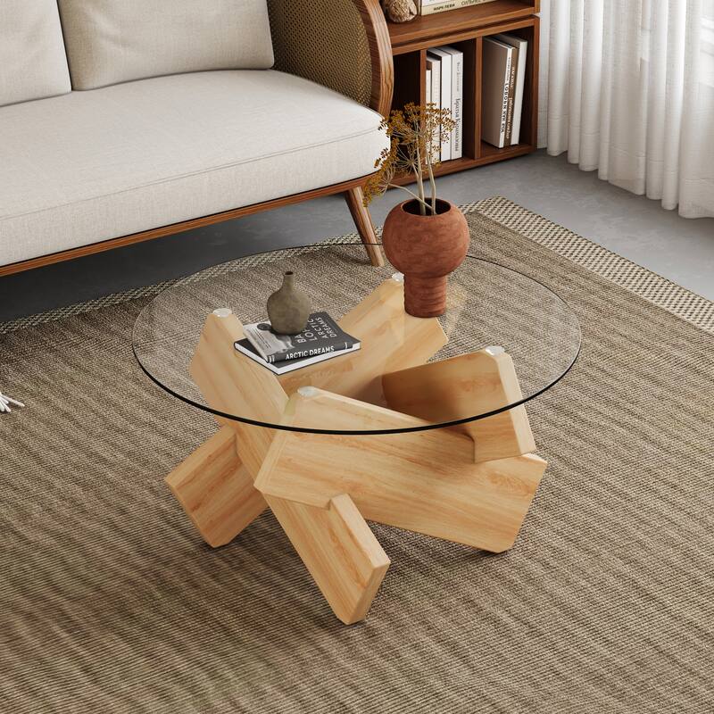 33.4" Modern Round Coffee Table with Clear Tempered Glass Top and MDF Legs for Living Room - Transparent