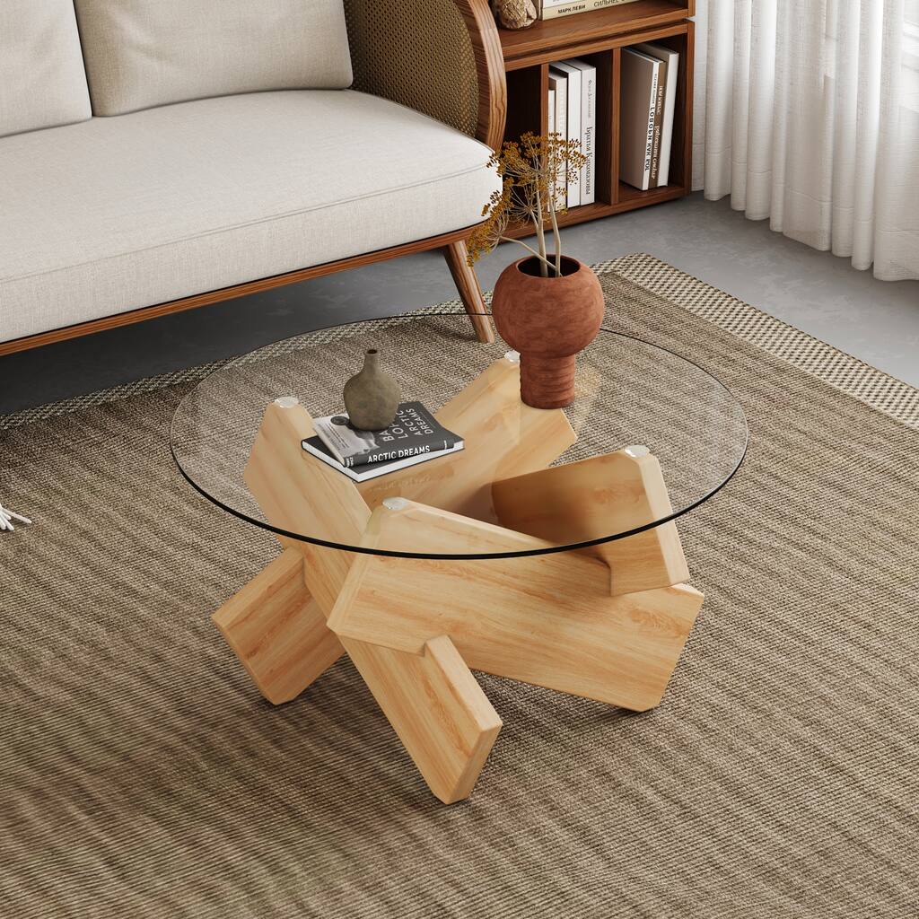 Circular glass coffee table, Tempered glass countertop, wood colored MDF table legs