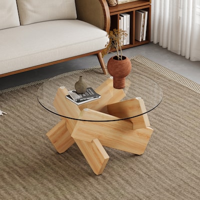 Round Glass Coffee Table 33.4 Inch Unique Coffee Table with Spliced ​​Table Legs Home Center Table Snack Table