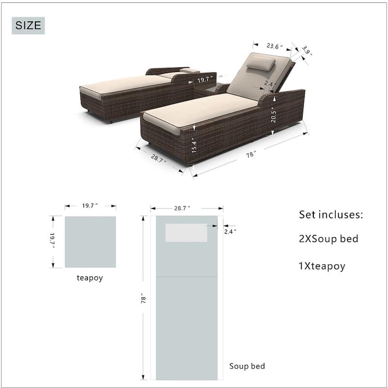3-piece Patio Wicker Adjustable Chaise Lounge Set with Arms （Throw Pillow Not Include）