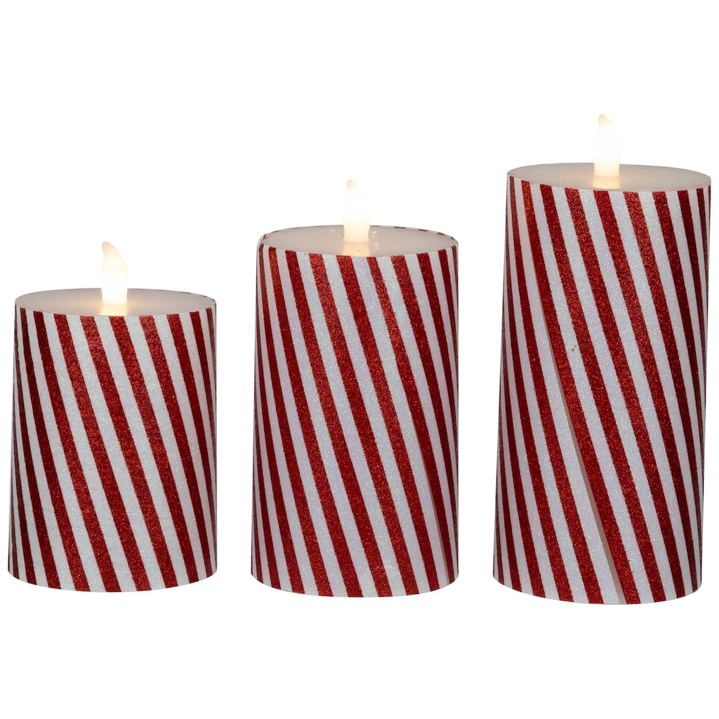 LED Flickering Flameless Candy Cane Striped Christmas Wax Pillar Candles - 6" - Set of 3