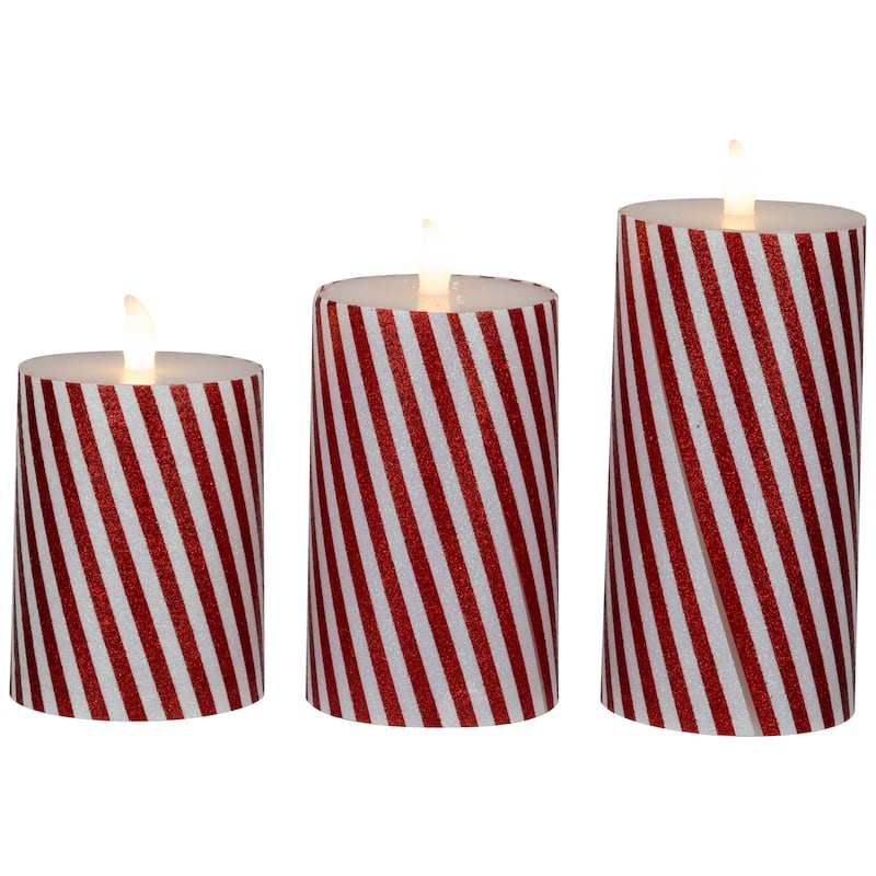 LED Flickering Flameless Candy Cane Striped Christmas Wax Pillar Candles - 6" - Set of 3