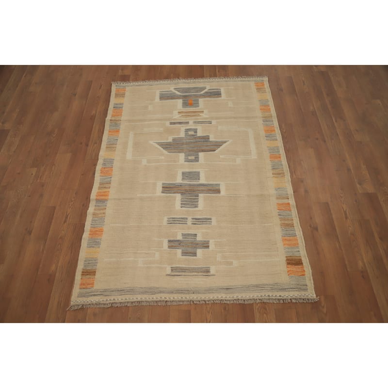 Hand Woven Oriental 100% Wool Carpet Southwestern Tribal Beige & Ivories Kilim Area Rug - 4' 8'' X 3' 4''