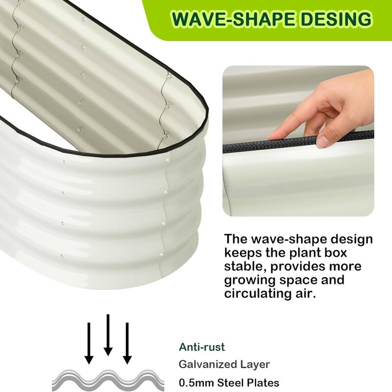 2-Pack Galvanized Steel Oval Raised Garden Beds (4.5x2x1 FT) - Large Metal Planter Box with Open Base Off-White