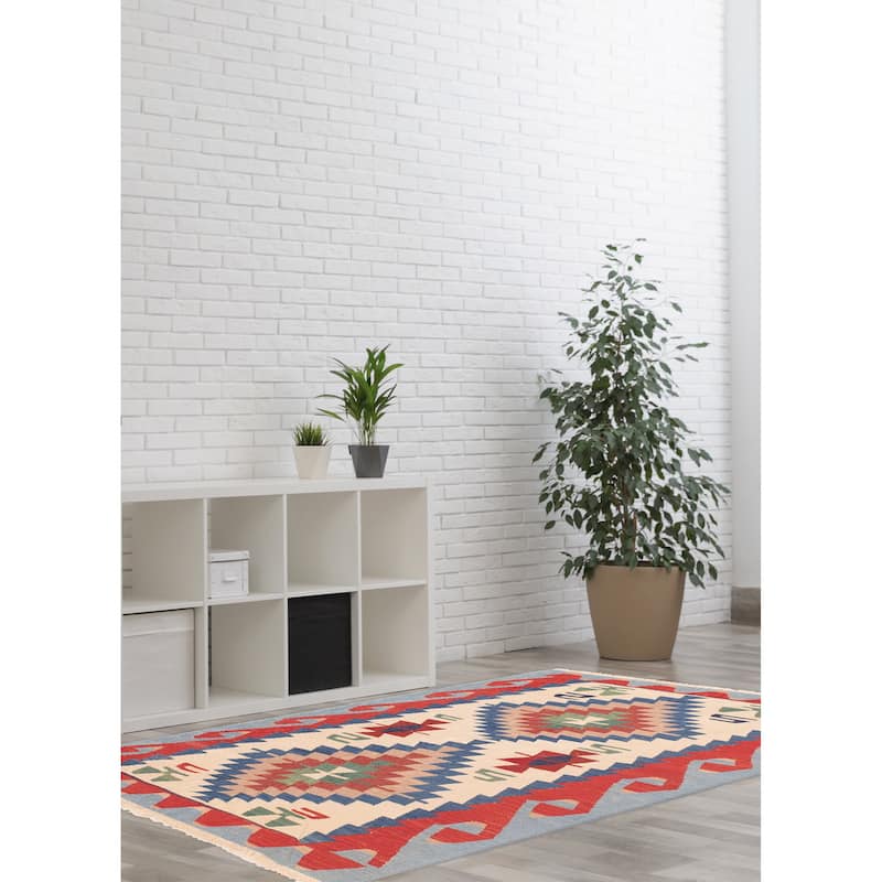 ECARPETGALLERY Flat-Weave Bold and Colorful Cream Wool Kilim - 3'8 x 5'7