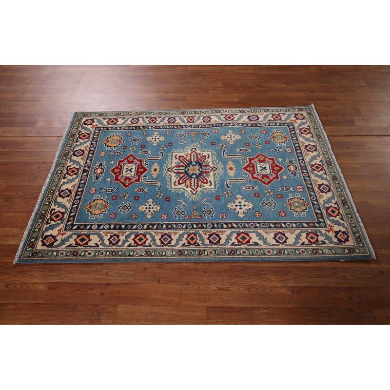 Blue Geometric Kazak Accent Rug Hand-Knotted Wool Carpet - 3'4" x 5'0"