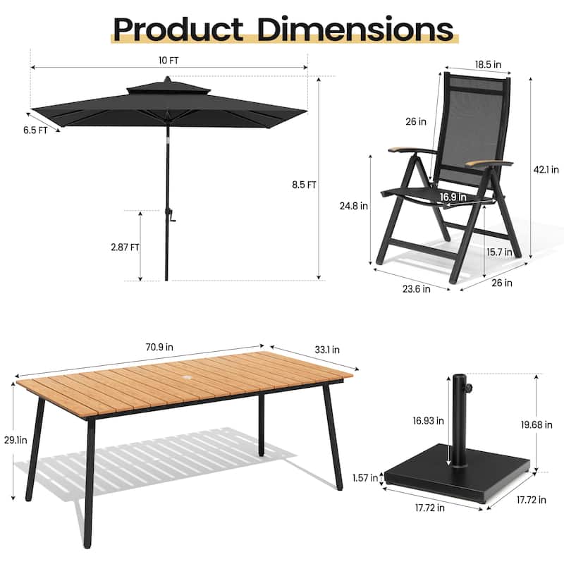 9PC Outdoor Patio Dining Set Aluminum Table with Folding Armchairs w/ Market Umbrella Sets