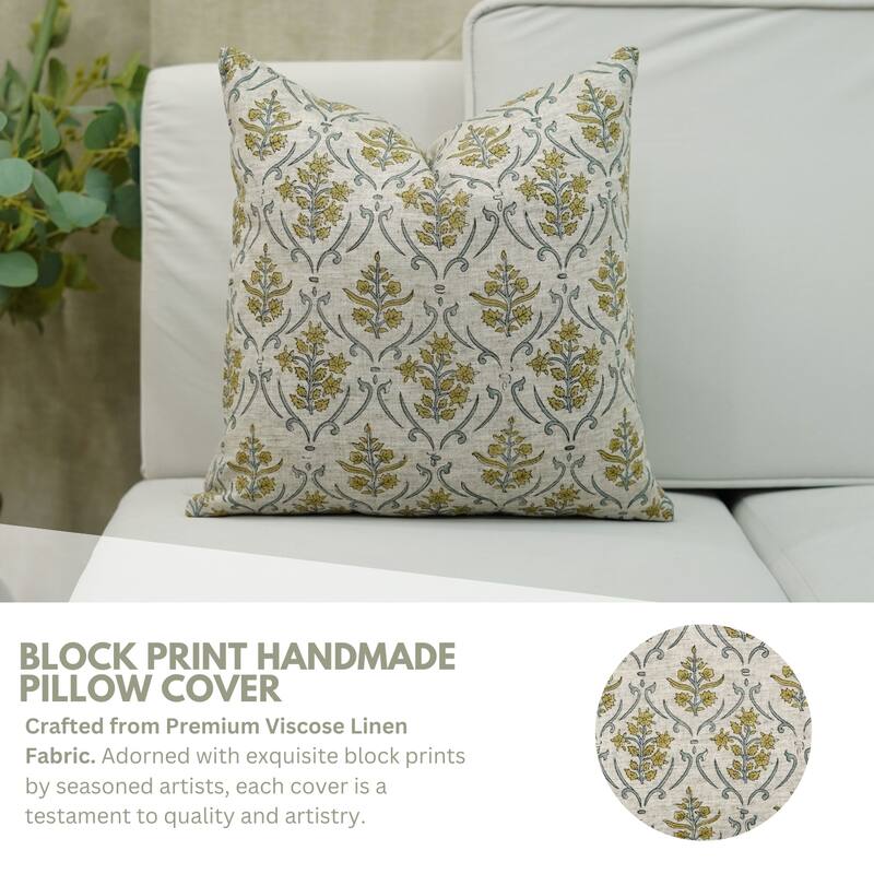 Fabdivine Decorative Floral Pillowcase Handmade Linen Block Print Accent for Sofa Kids Bed Rust Spring Décor, Sadabahar