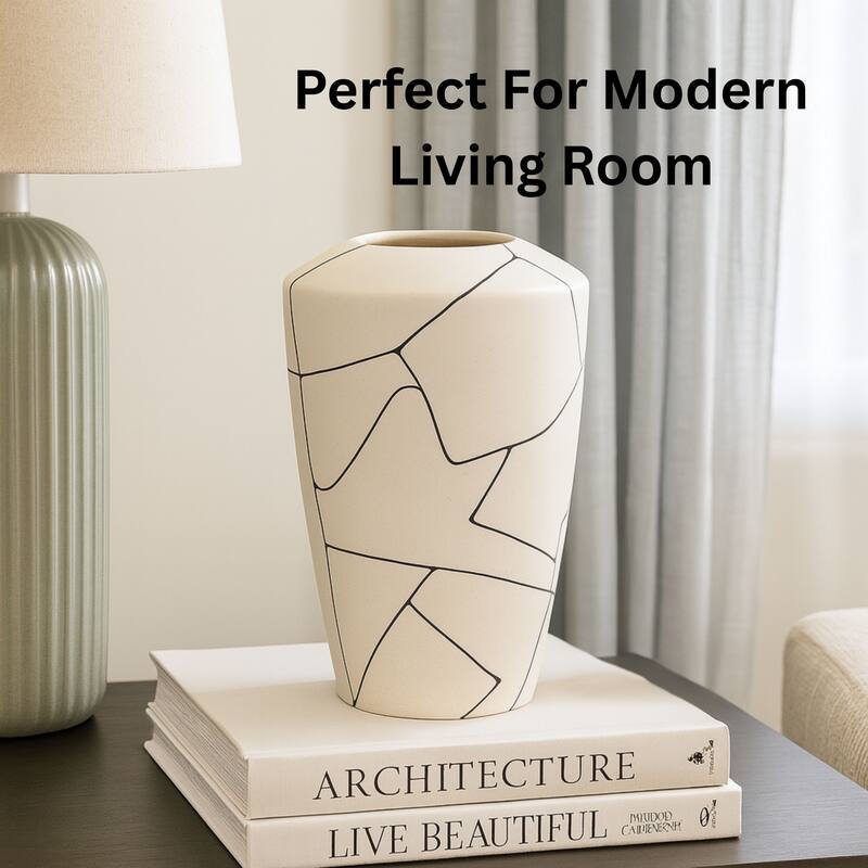 Modern Abstract Milky White Ceramic Vase with Black Line Design