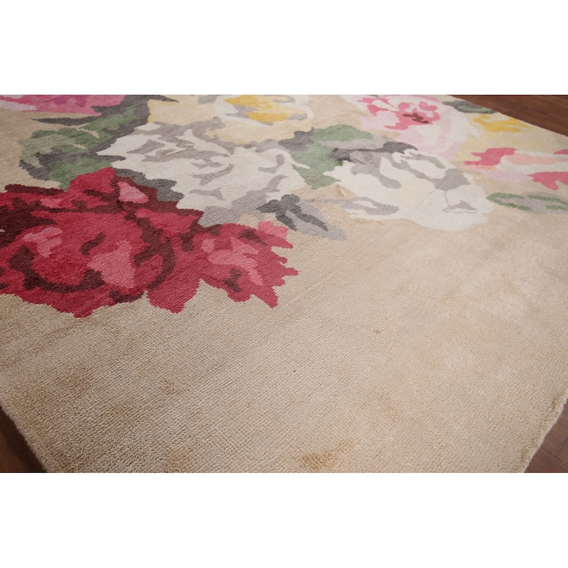 Floral Abstract Indian Area Rug Handmade Wool & Silk Carpet - 6'7"x 9'10"