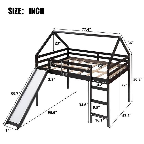 Contemporary Style Full Size Loft Bed with Slide, House Bed with Slide