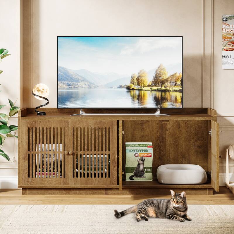 2 Cats Litter Box Enclosure, 55.1-Inch Extra Large Hidden Litter Box Furniture, Wooden XL Cat Washroom Furniture with Storage