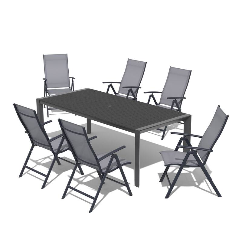 7-Piece Outdoor Aluminum Patio Dining Table with Umbrella Hole and Folding Dining Chair Set