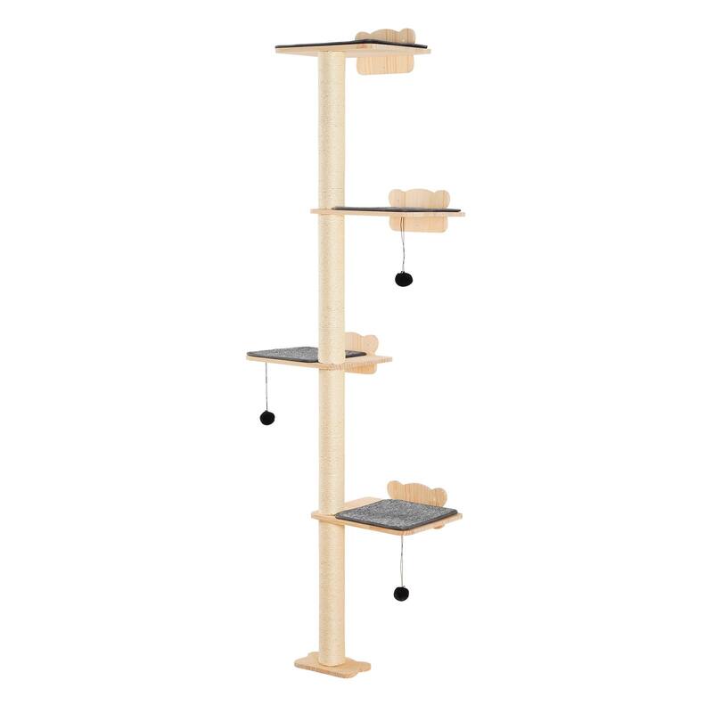 White Pine Wood Cat Wall Shelf with Posts, Pads & Climbing Boards