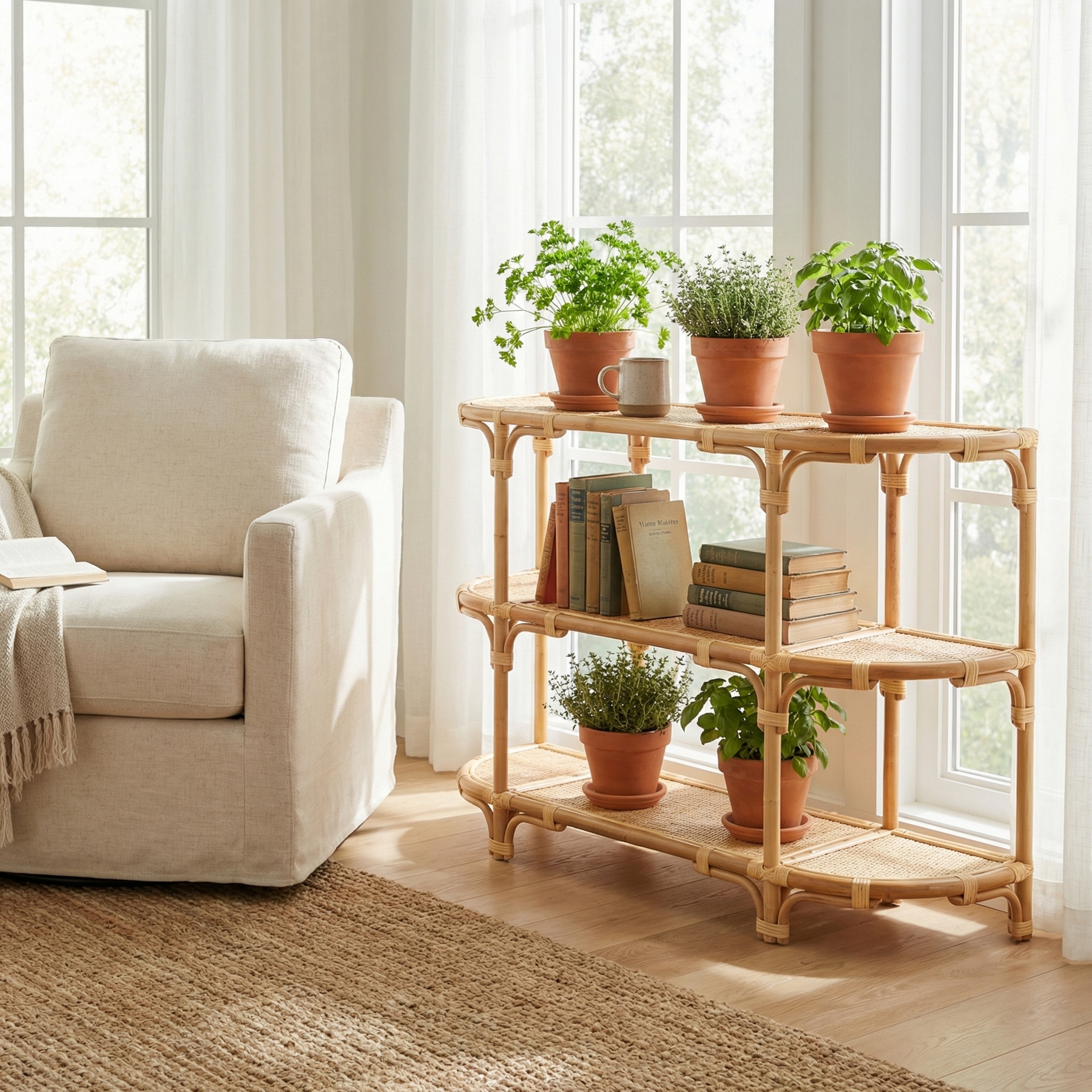 59.5 in Tan Raffia 3 Shelf Accent Console_Sofa Table