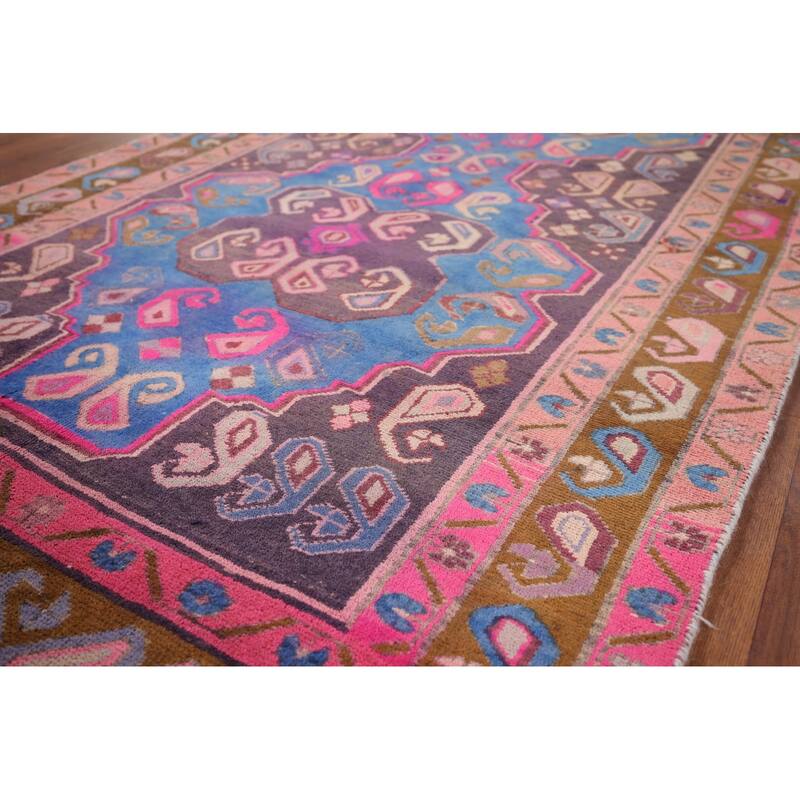 Geometric Meshkin Persian Vintage Runner Rug Hand-Knotted Wool Carpet - 3'9" x 10'6"