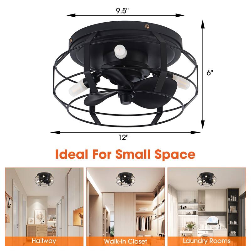 12" Black Industrial Caged Flush Mount Ceiling Fan with Lights and Remote