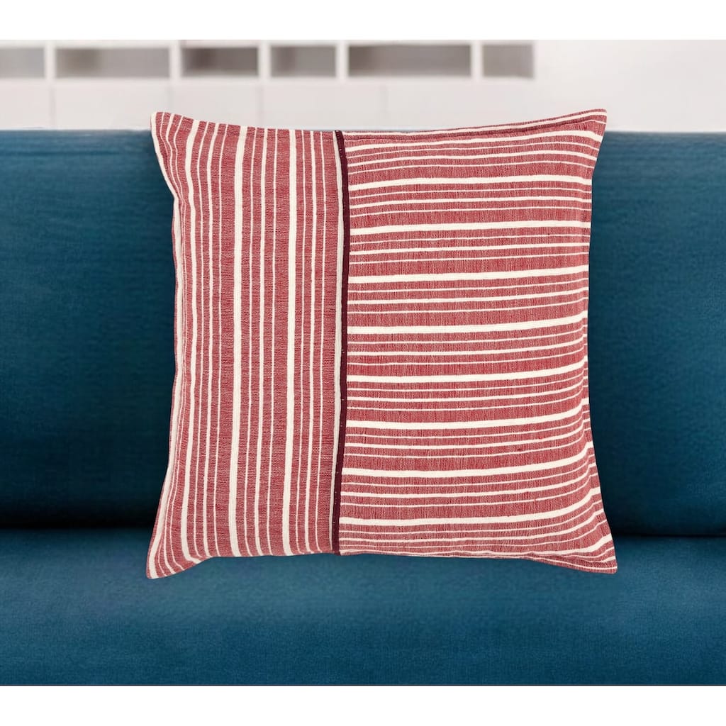 HomeRoots 20" Red and Ivory Striped Cotton Throw Pillow