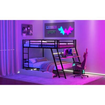 Full Size Metal Bunk Bed Built-in Desk, Light and 2 Drawers