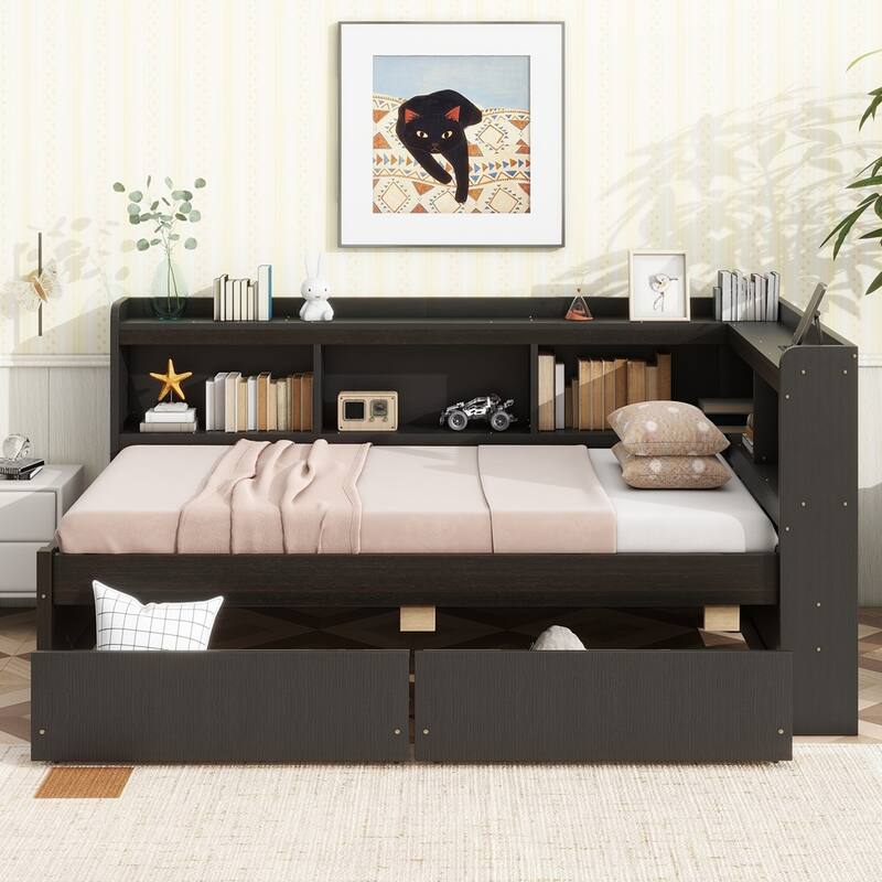 Twin Size L-shaped Bookcases Bed with Power Outlets