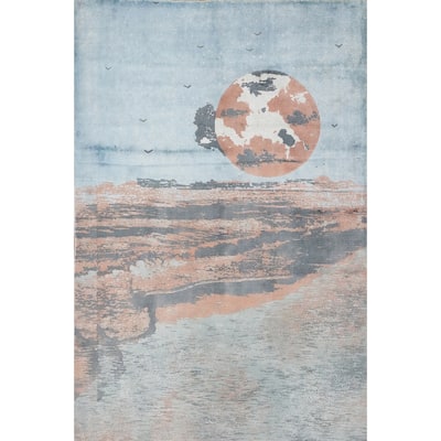 Hand Knotted Oriental Viscose Silk Carpet Modern Pictorial Navy Blue & Blues Abstract Area Rug - 7' 5'' X 5' 6''
