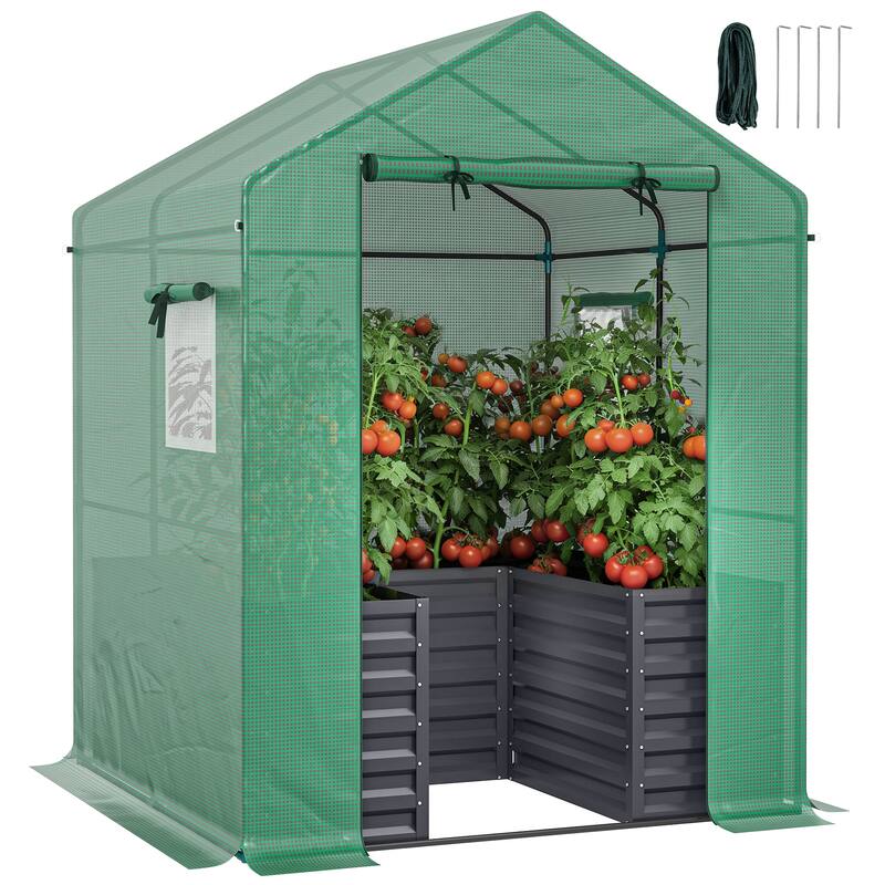 Outsunny Greenhouse with Raised Garden Bed, 56" x 56" x 75" Galvanized Steel Planter Box with PE Cover
