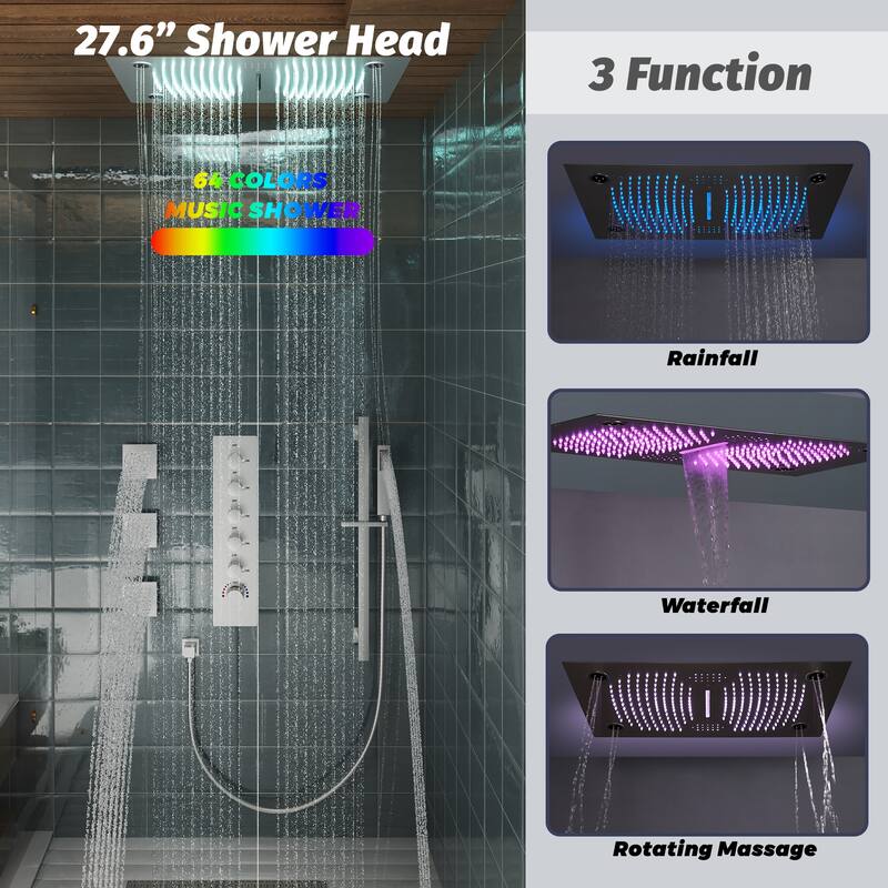 Luxury 5-Spray Patterns 28 in. Ceiling Mount Shower System with Handheld Shower Head, 3 Body Jets, LED, and Music - 16" x 28"