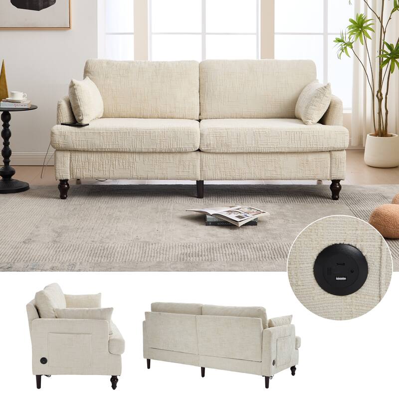 Modern Style Chenille 2-Seater Wood-Legged Sofa With Led Light,USB Charging Port And Storage Bag Living Room Bedroom Study Room - Beige