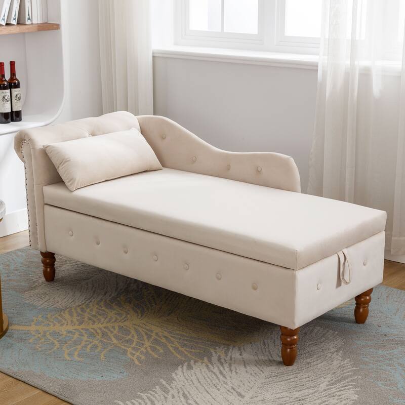Kimberly Velvet Chaise Lounge with Storage and Pillow by GDFStudio - 58.26"L x27.9"W x 28.3"H