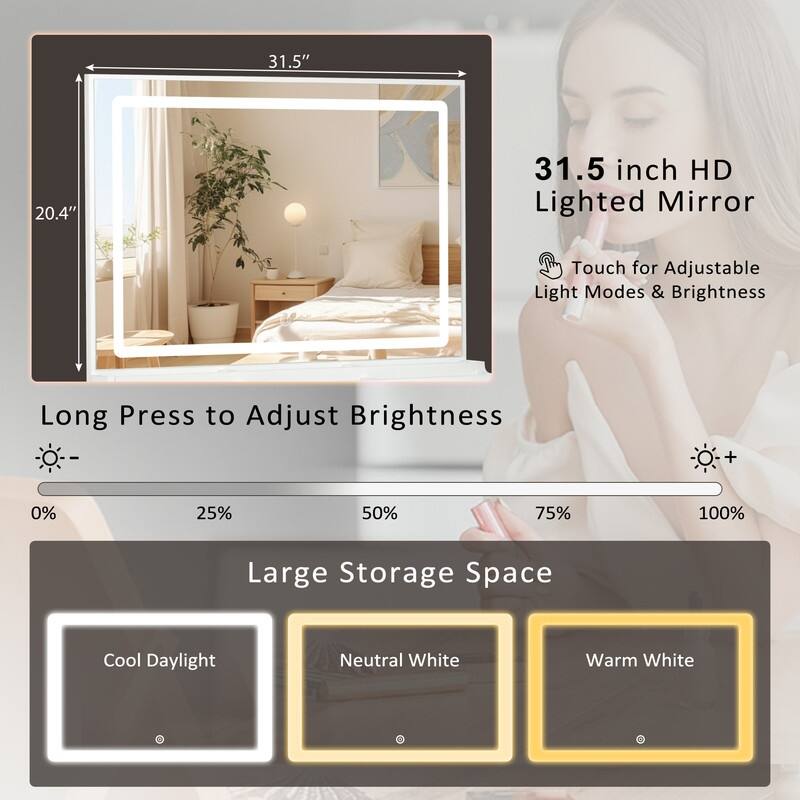 59" White LED Makeup Vanity Desk with Mirror, 3 Drawers & 2 Cabinets, Storage Shelves for Bedroom