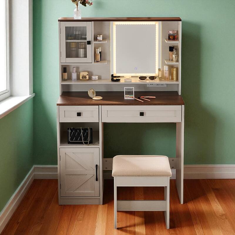 Farmhouse Makeup Vanity with Lighted Mirror, Charging Station, Stool, Drawers, Shelves and Side Cabinet - White