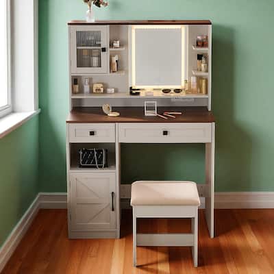 Farmhouse Makeup Vanity with Lighted Mirror, Charging Station, Stool, Drawers, Shelves and Side Cabinet
