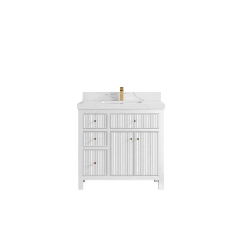 Willow Collections 36 in W x 22 in D Sonoma Center Sink Free Standing Reeded Bathroom Vanity with Countertop - 2" Calacatta Laza - White