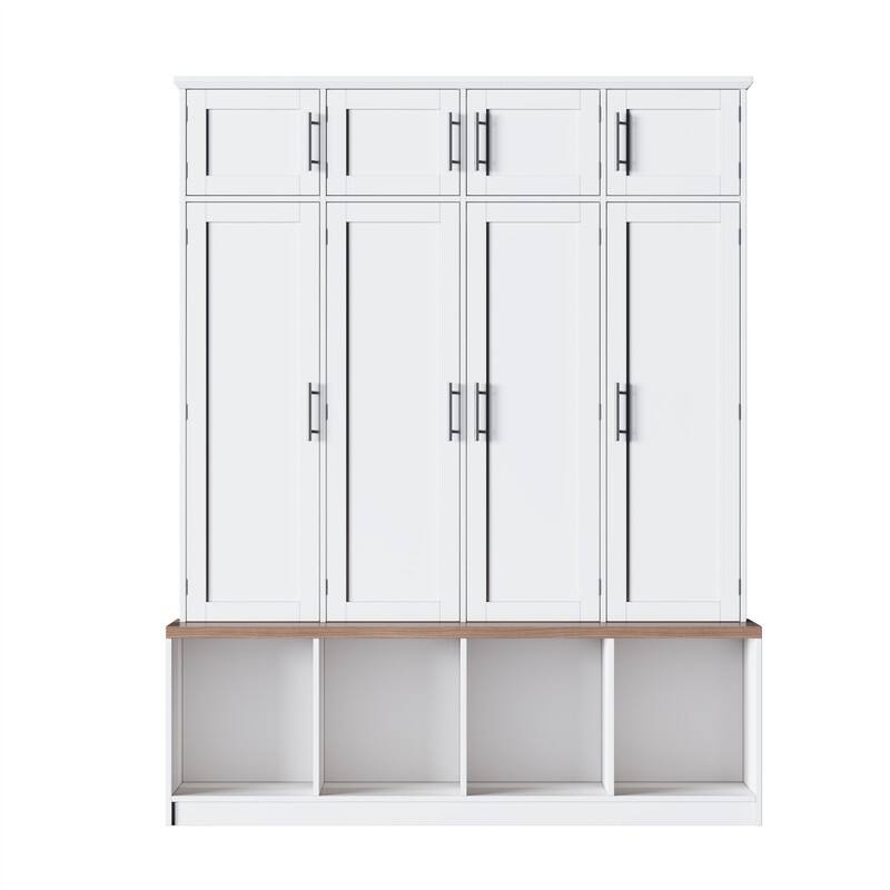 Farmhouse Hall Tree with 4 Hidden Hanging Hooks, Versatile Entryway Bench with 8 Doors, Shoe Cabinet with Open Compartments