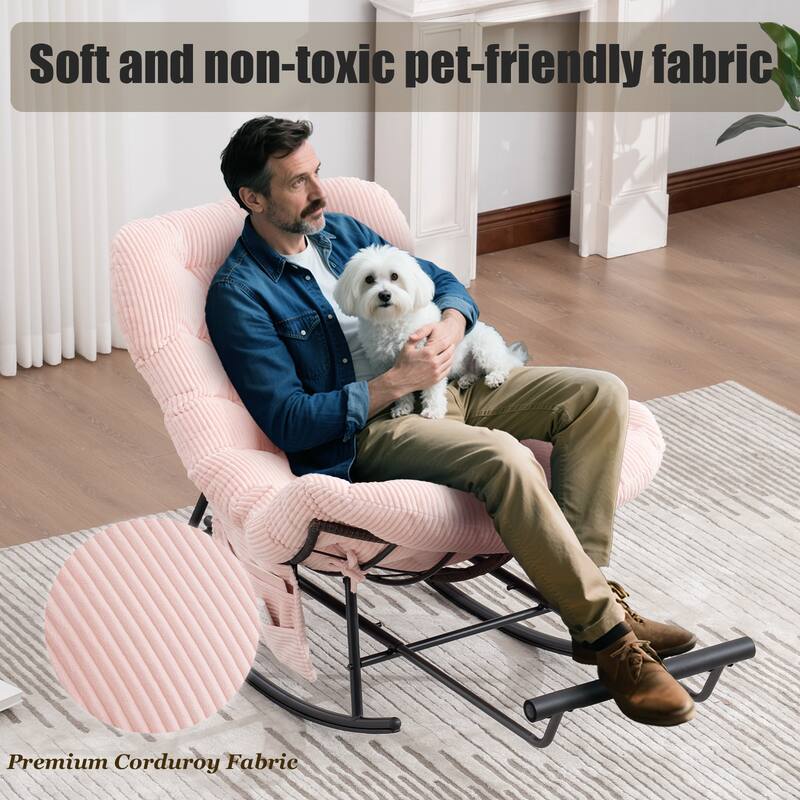 HOMEFUN Corduroy Upholstered Egg Shaped Design Steel Frame Rocking Chair with Side Pocket and Foot Pedal