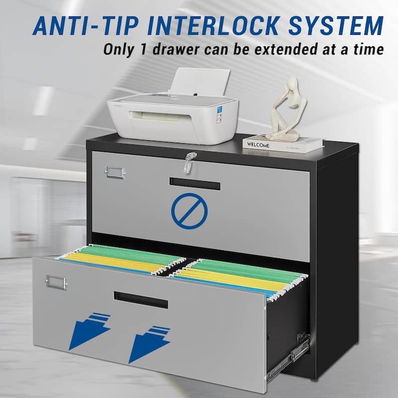 2 Drawer Lateral File with Lock, Metal Steel Filling Lockable for
