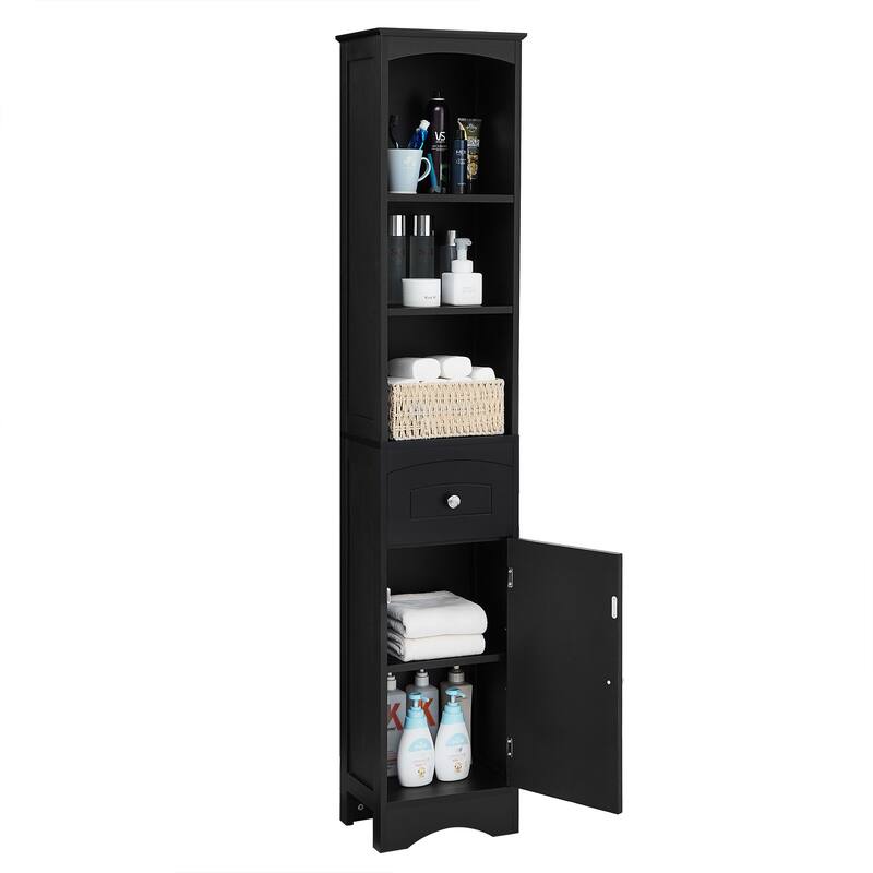 Bathroom Storage Cabinet with Drawer, Open Shelves and Adjustable Shelf, Tall Cabinet with Curved Line Top and Bottom Pane