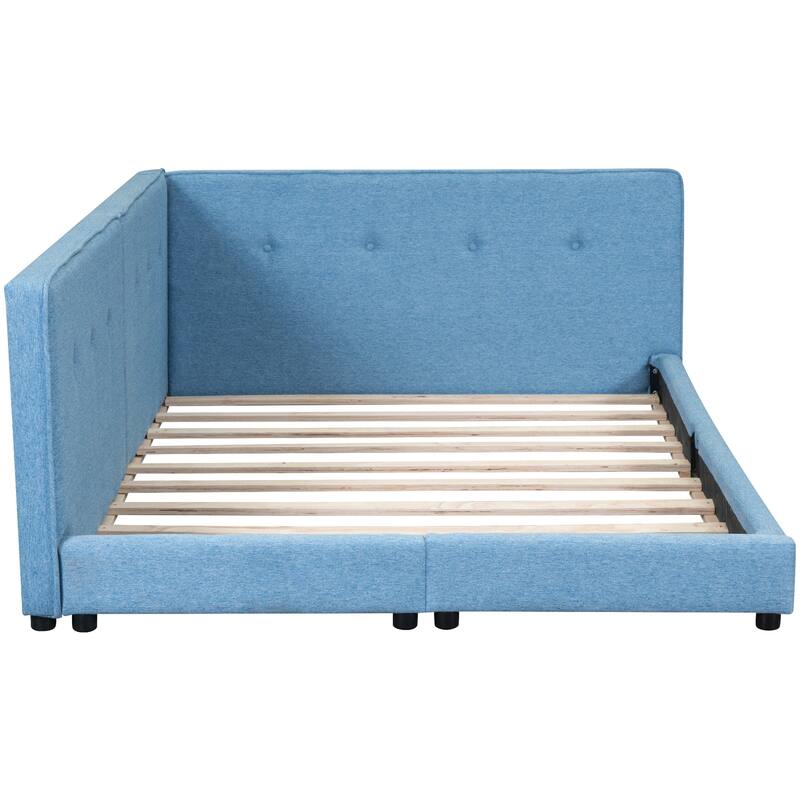 Queen Size Upholstered Platform Bed with USB Ports in Blue