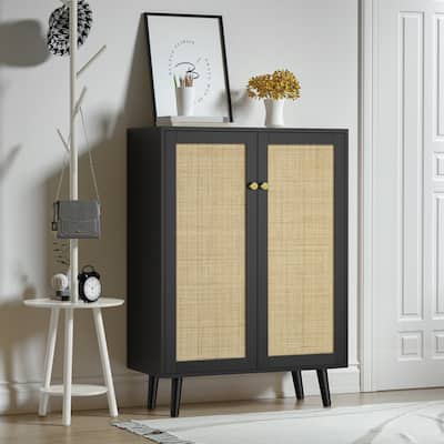 Anmytek Black Rattan Cabinet, 44" H Tall Sideboard Storage Cabinet Wood 2 Door Accent Cabinet with Adjustable Shelves